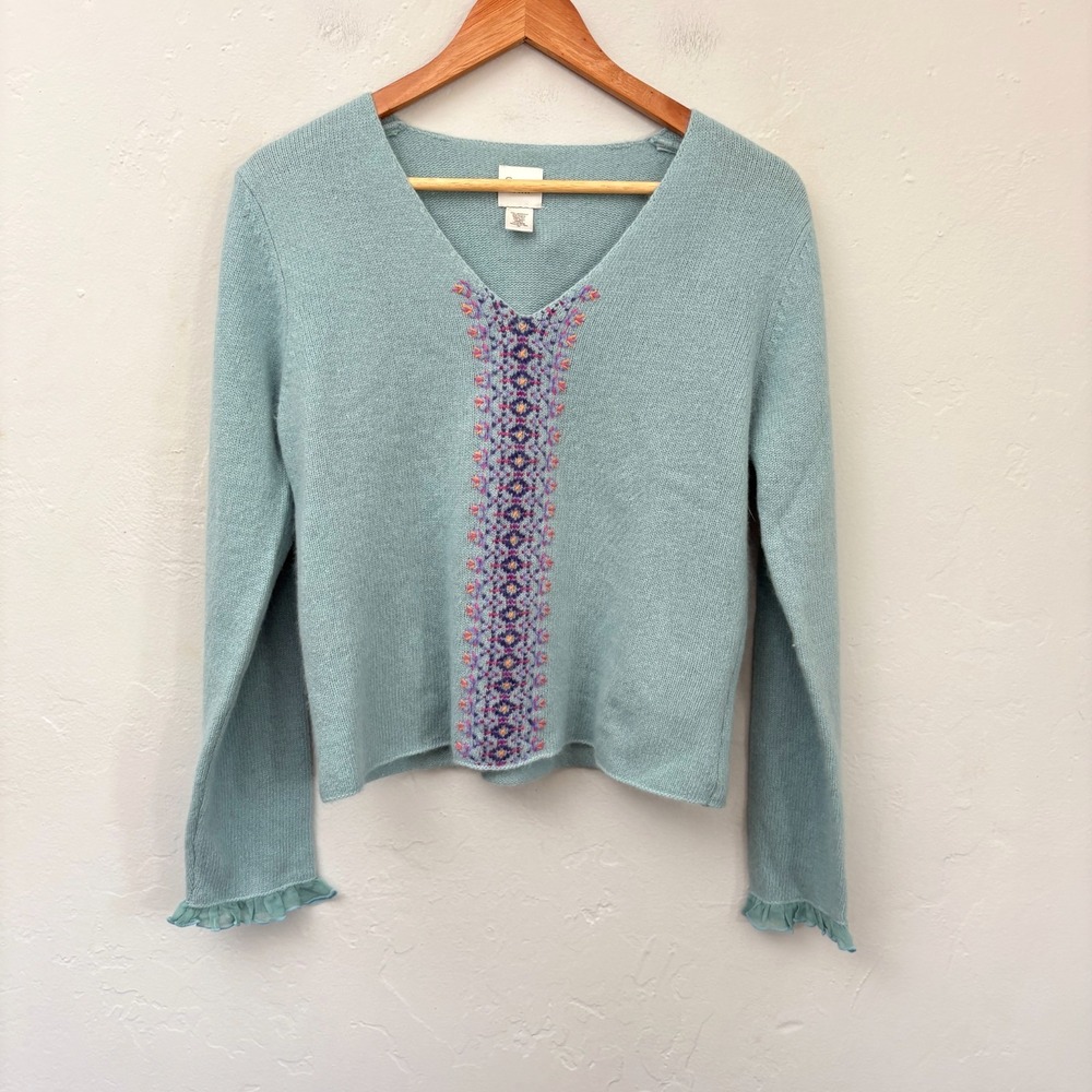 Garnet Hill Embroidered Sweater Women Medium Light Blue Lambswool Angora FLAW